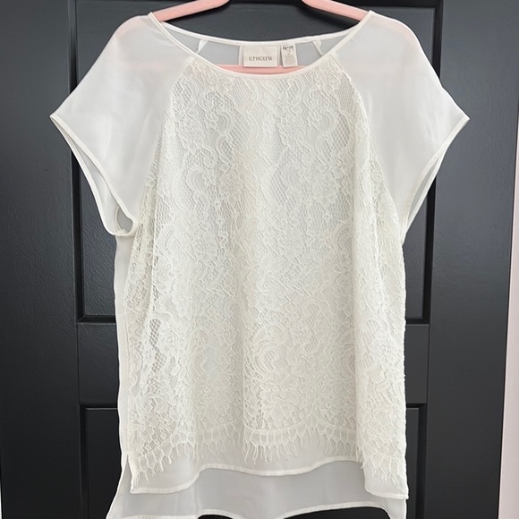 Chico’s White High/Low, Lace/Lined Cap Sleeve Blouse. Size 2=12/14 - Picture 1 of 12